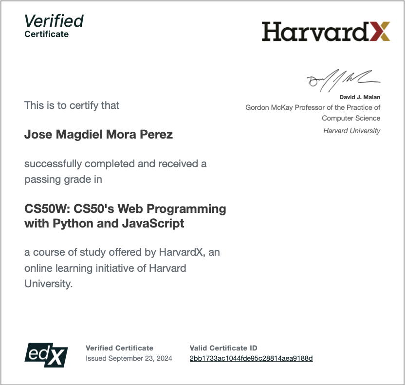 Certificado CS50's Web Programming with Python and JavaScript Certificate